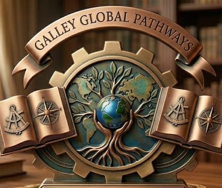 The Galley Global Pathways emblem: a globe held by a tree, framed by a gear, open books, a compass and a sextant